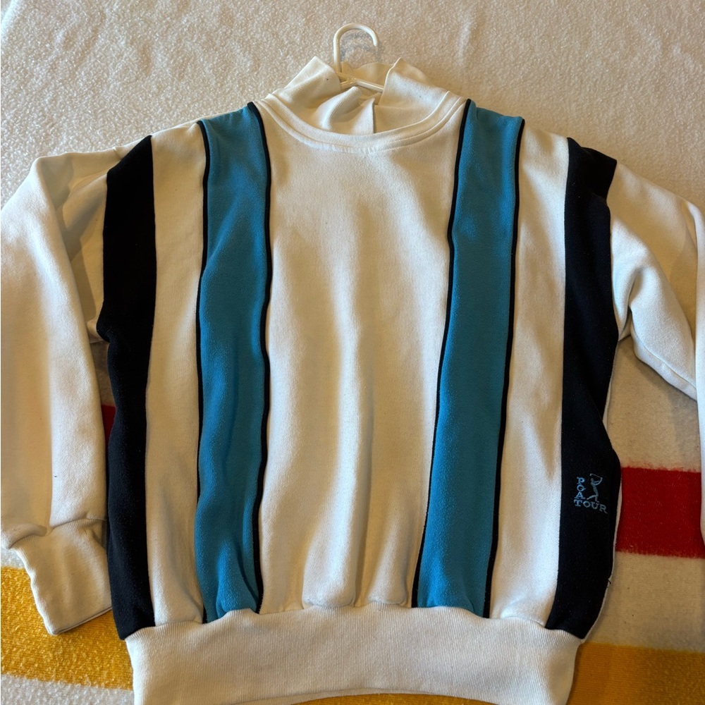 PGA Tour White collared Sweater with Teal and Black Vertical Stripes